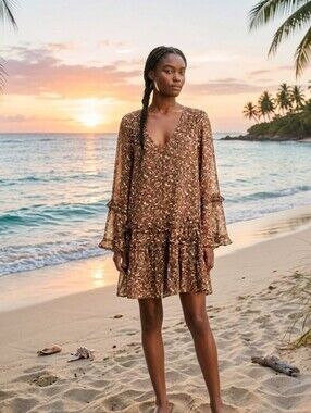 FLORET STUDIOS Floral Drop Waist Long Sleeve Dress in Brown Floral